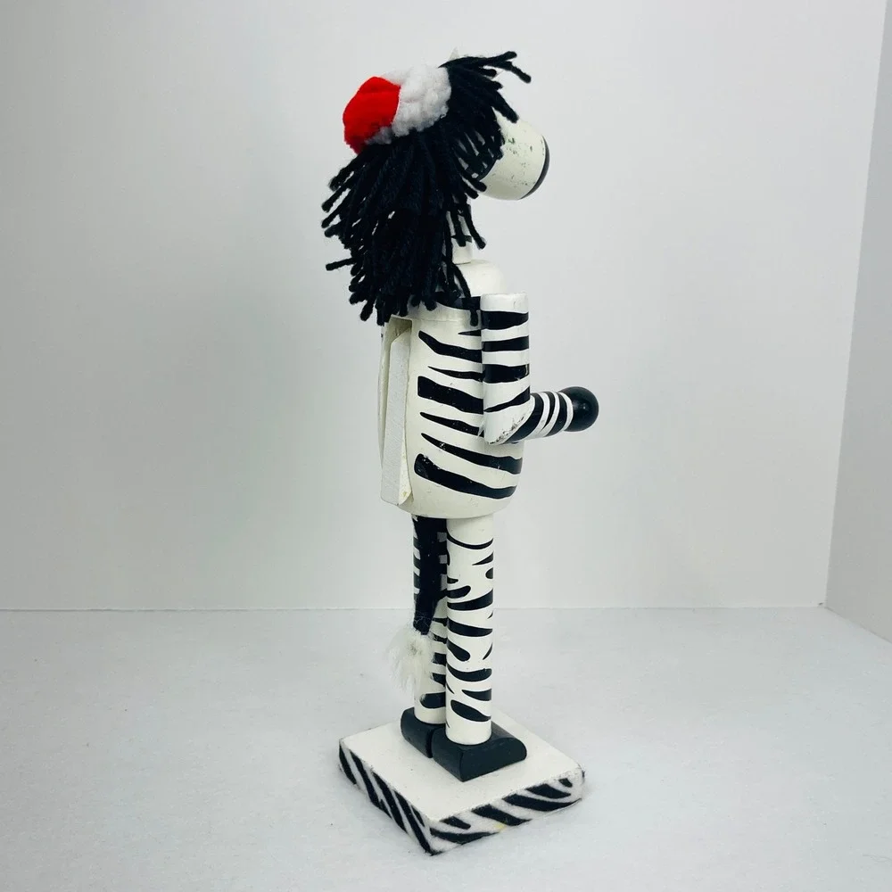 Zebra Wooden Nutcracker Christmas Decor Safari Animal Santa Hat 12 Inch